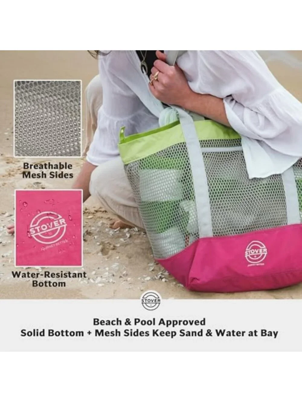 Large Mesh Beach Tote Bag - Foldable Travel Bag with Pockets for Vacation & Pool